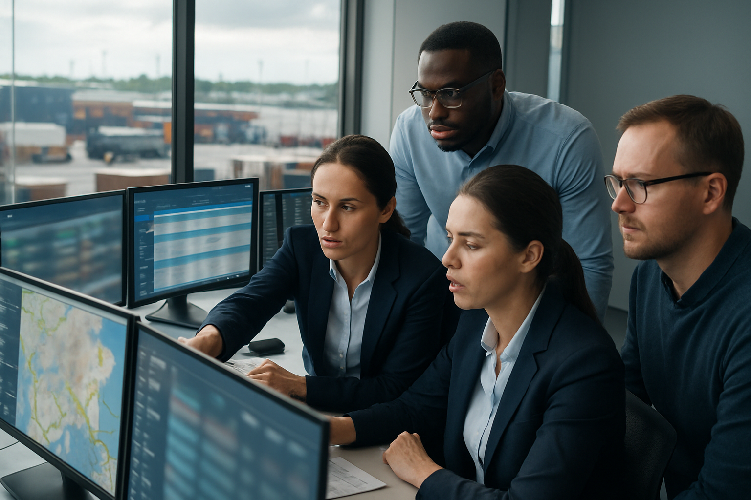logistics team assessing shipment risks with real-time visibility tools in operations center