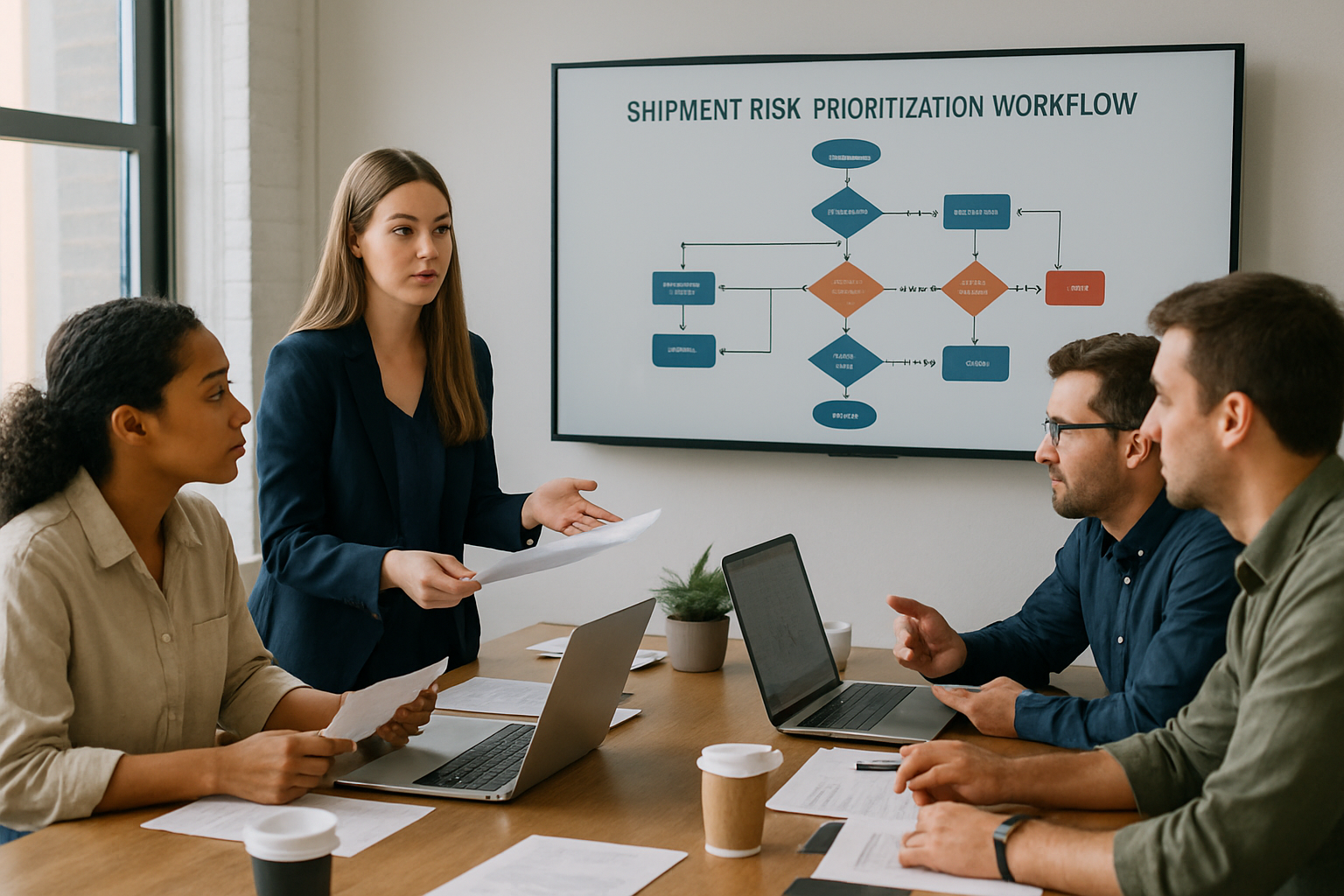 operations team following structured shipment risk prioritization workflow in meeting room