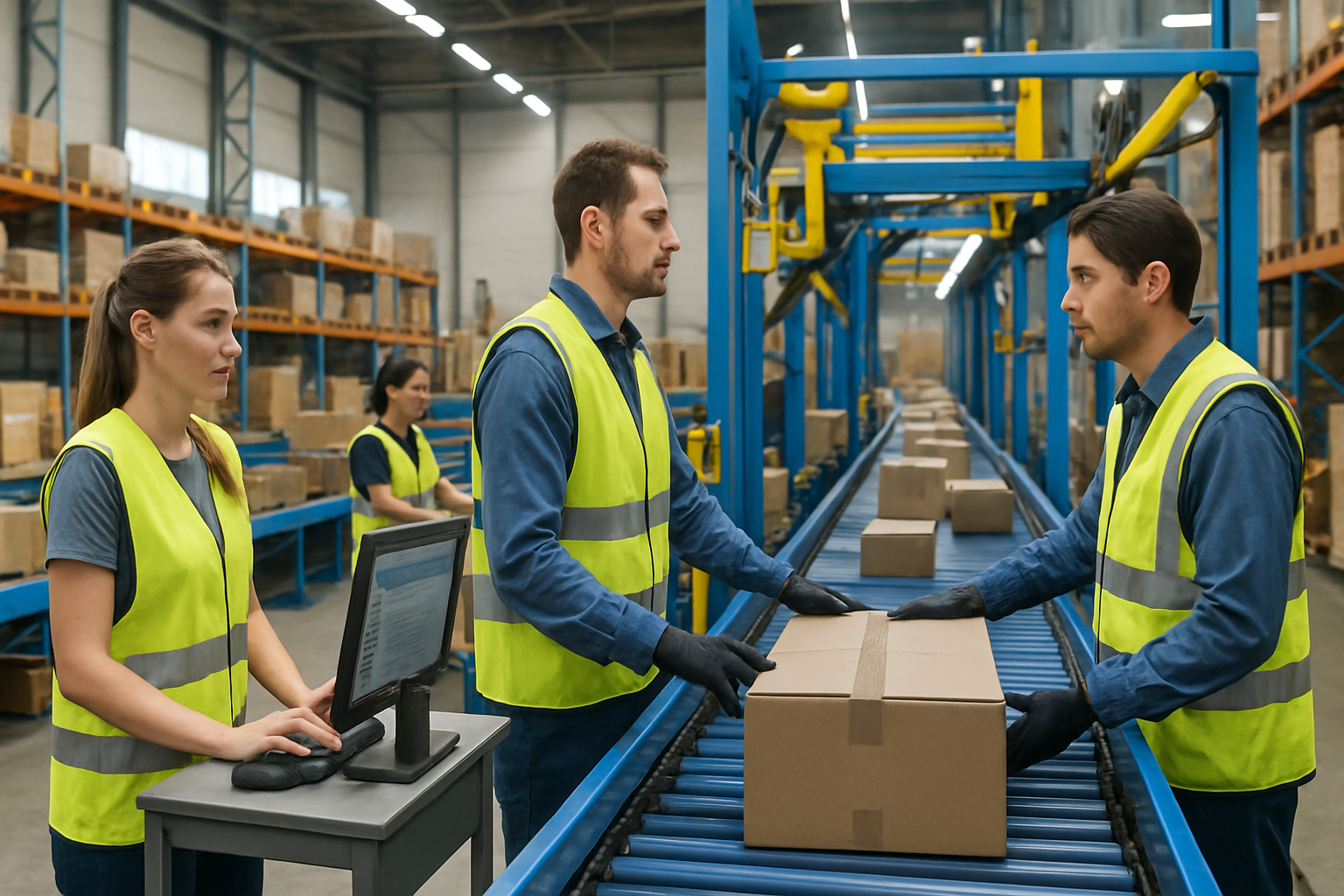 warehouse staff using automated cargo sorting and shipment scheduling system