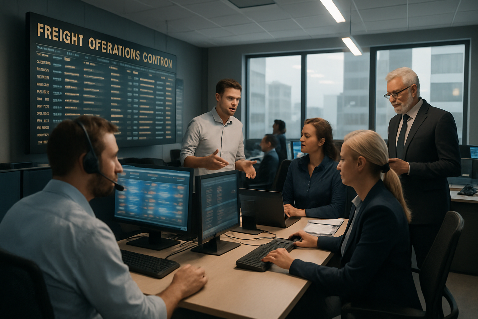 logistics team using centralized digital communication tools in a modern freight operations control tower