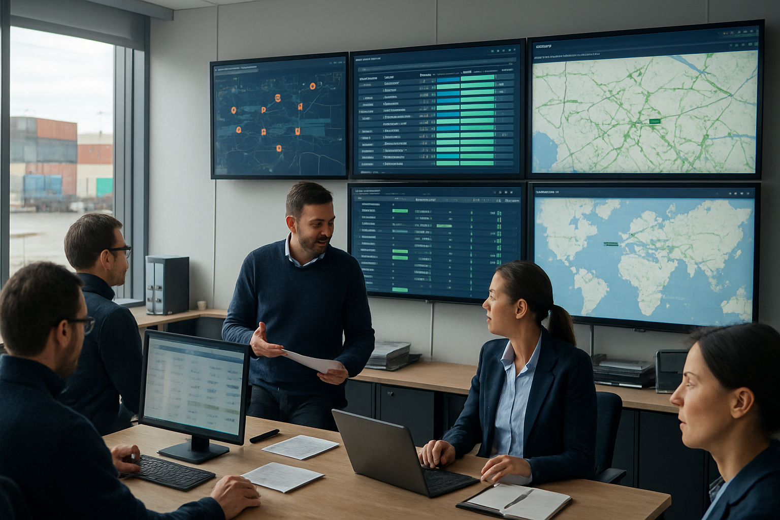 Logistics team coordinating shipments with real-time status on screens