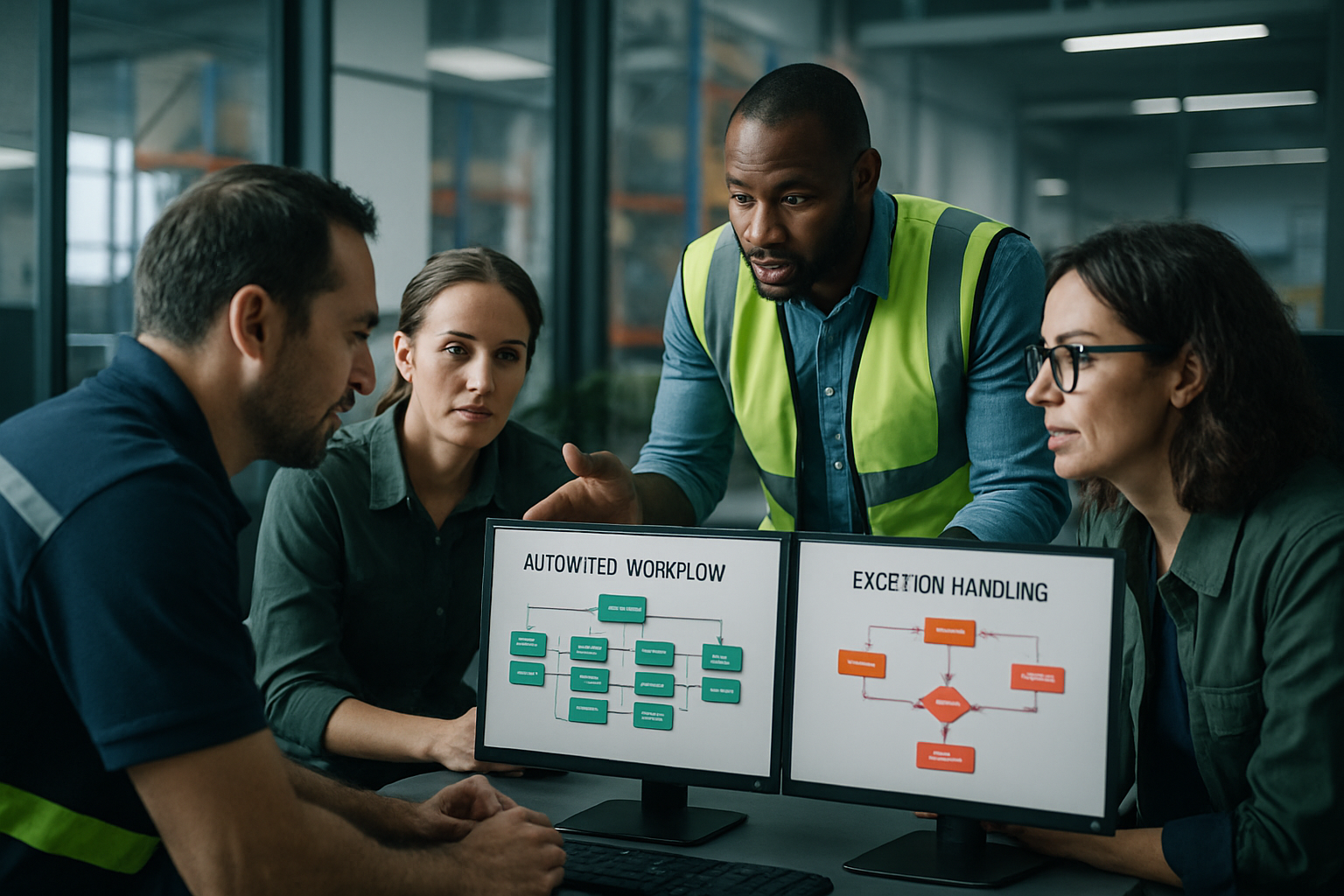 Operations team reviewing automated logistics workflows on screens
