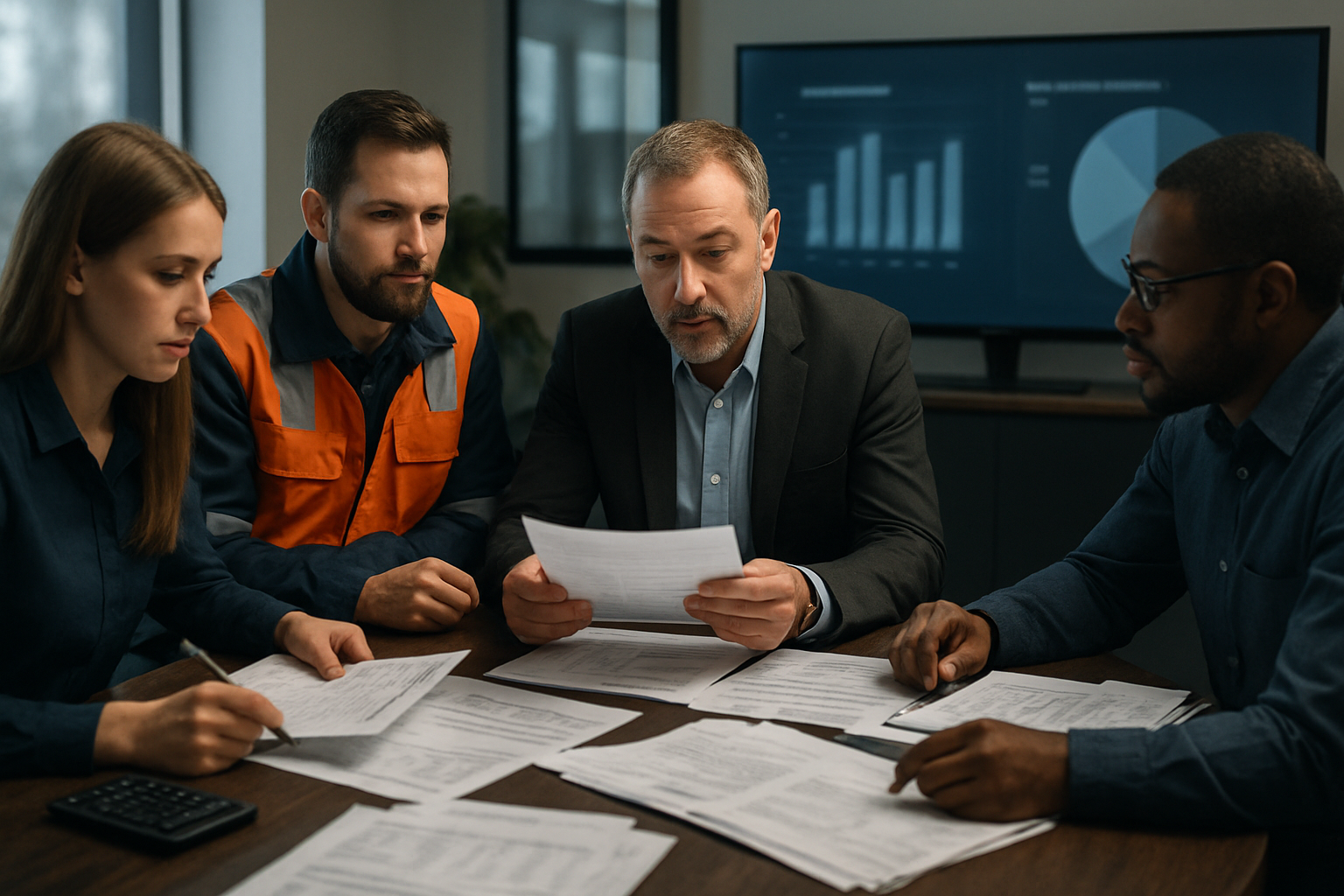 logistics team reviewing freight procurement documents and cost analysis in a modern office