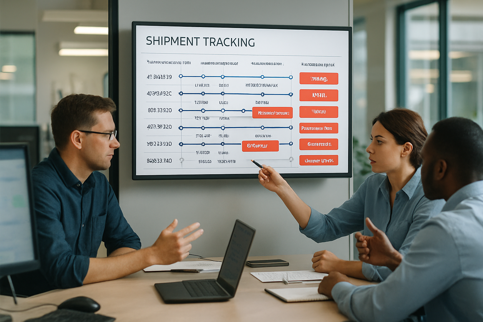 Operations team reviewing automated shipment tracking dashboard showing real-time freight milestones and exceptions