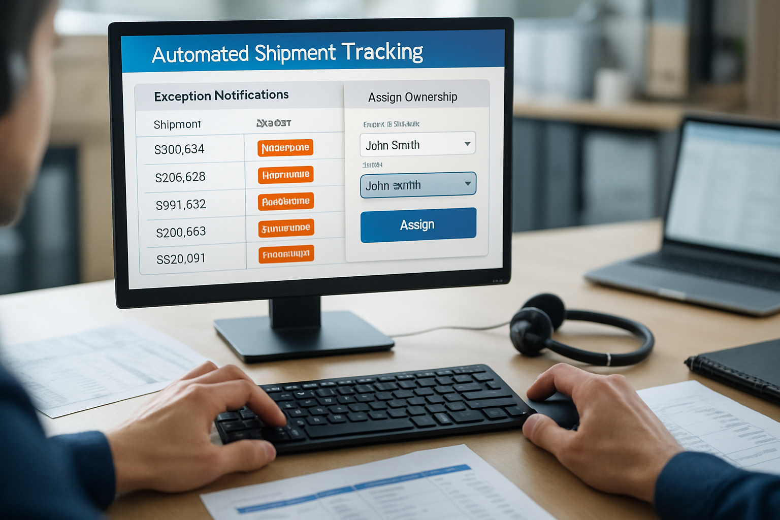 Logistics specialist assigning exception alerts in an automated shipment tracking software on a computer screen