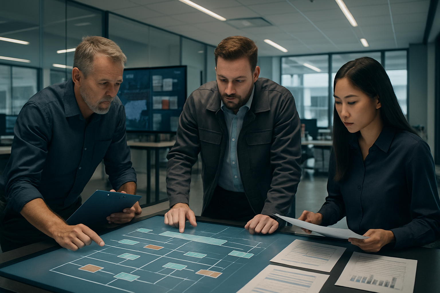 logistics team coordinating standardized workflow in modern office