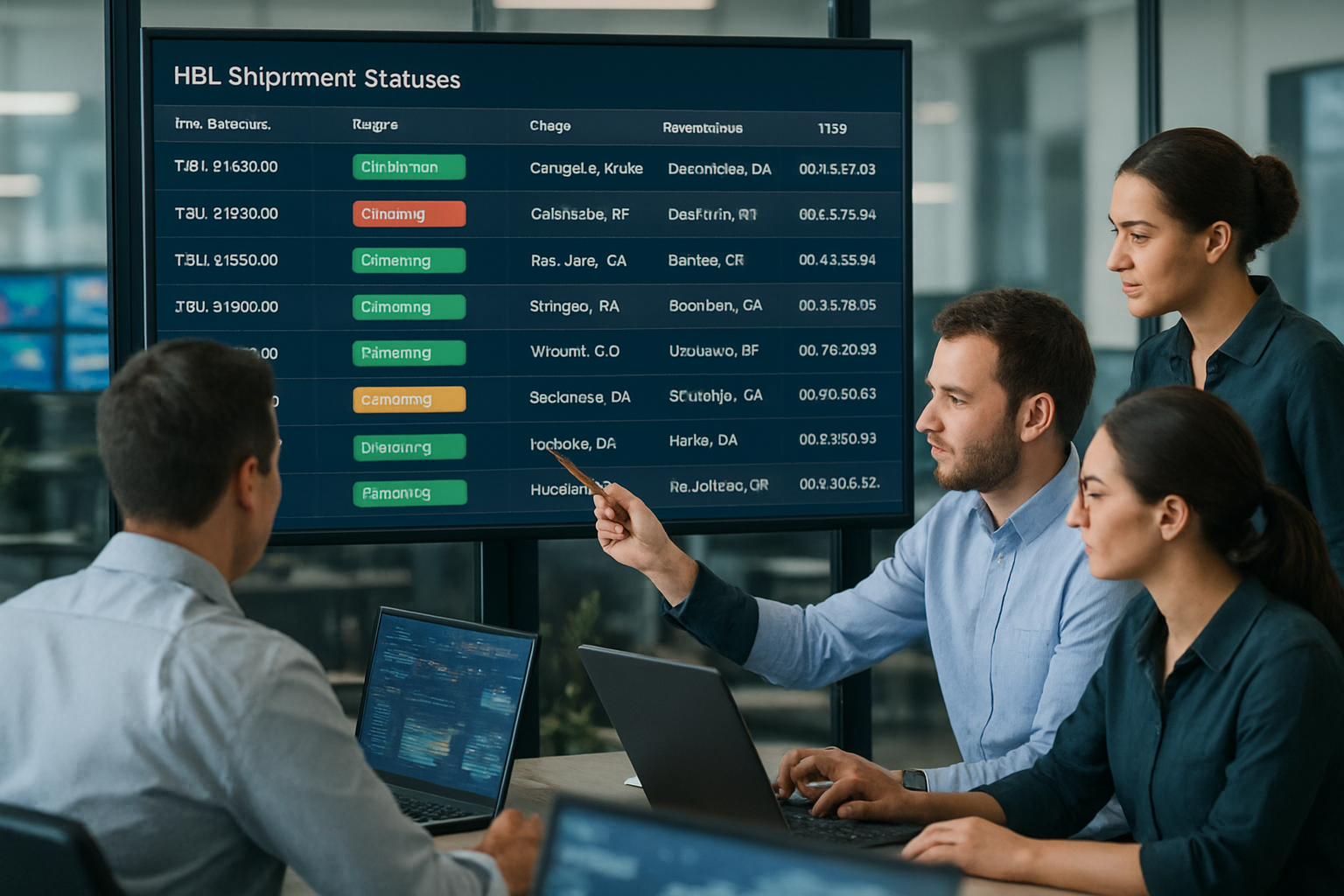 Operations team reviewing multiple HBL shipments on a centralized digital dashboard in a logistics control room