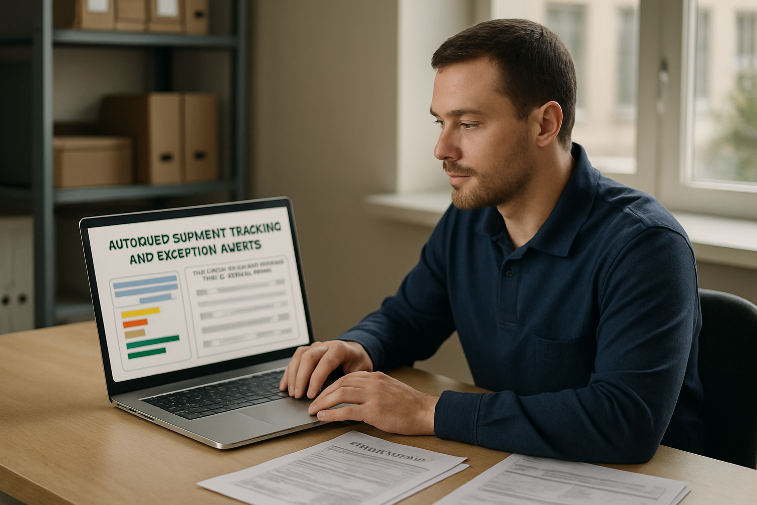 Freight coordinator managing automated exception alerts for HBL shipments on a laptop in an office