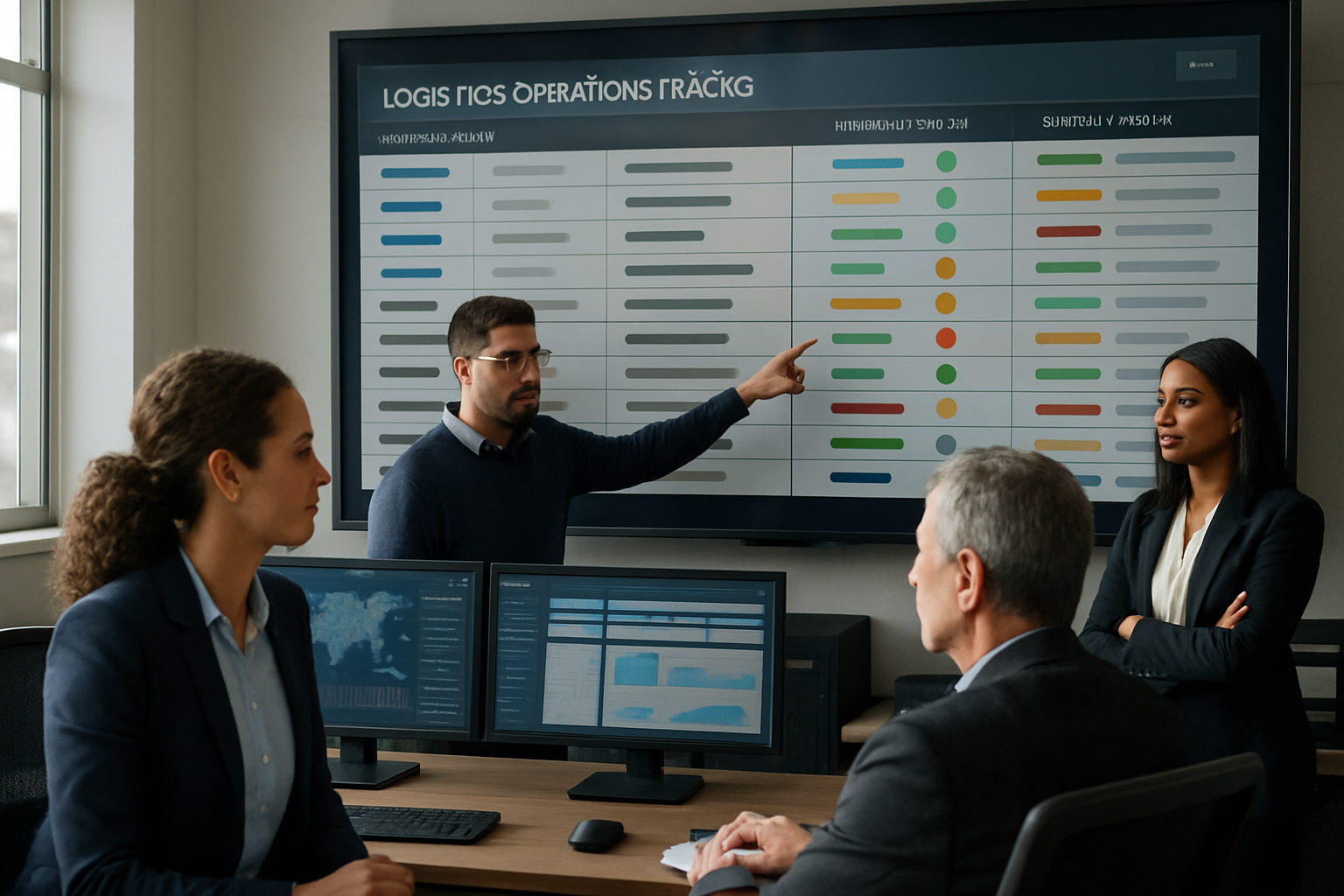 Operations team using a multi-carrier shipment tracking dashboard in a logistics control tower