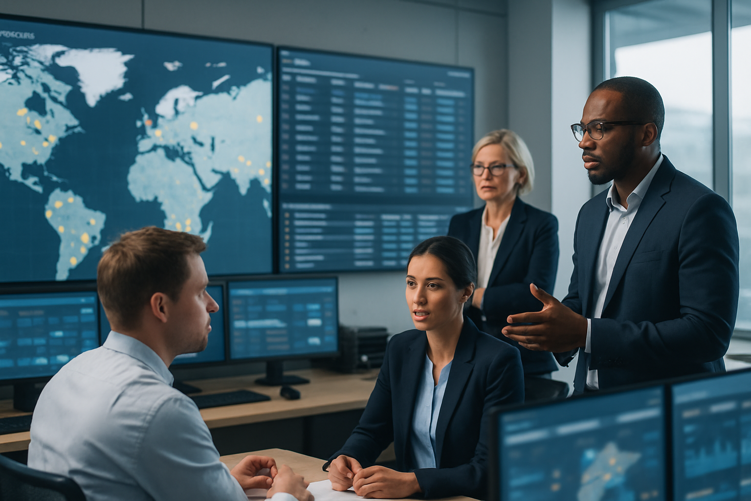 logistics team using shipment tracking technology in a control room