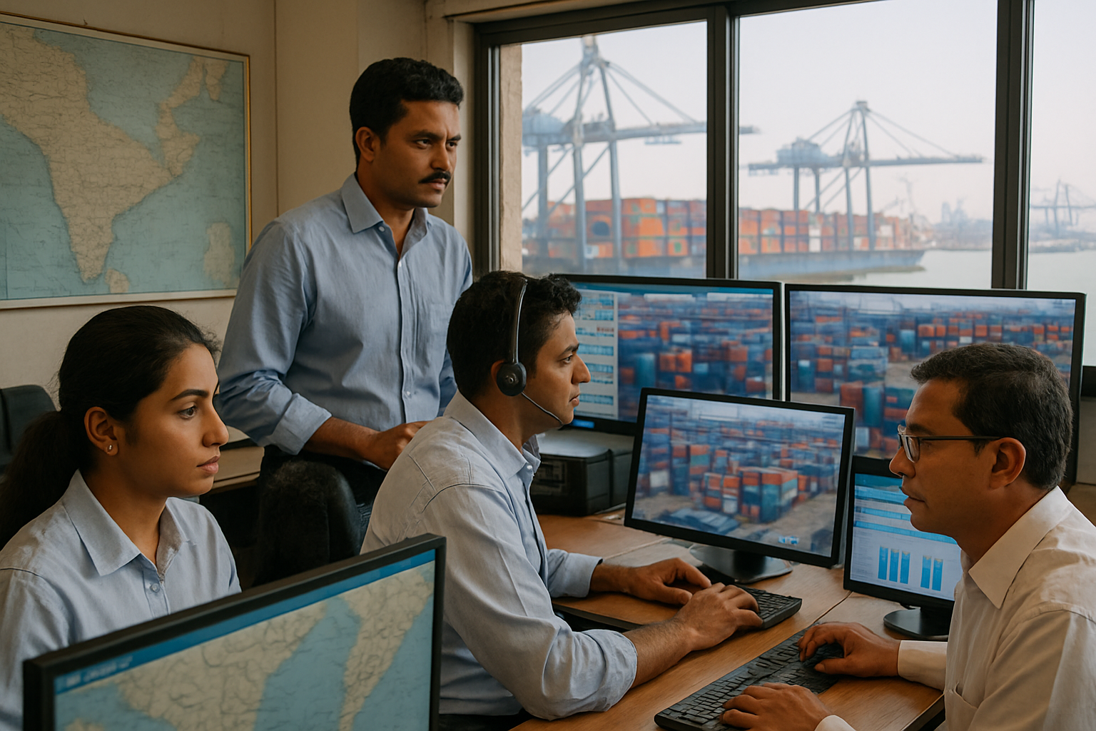 Import shipment tracking control room with Indian port operations team monitoring real-time cargo status