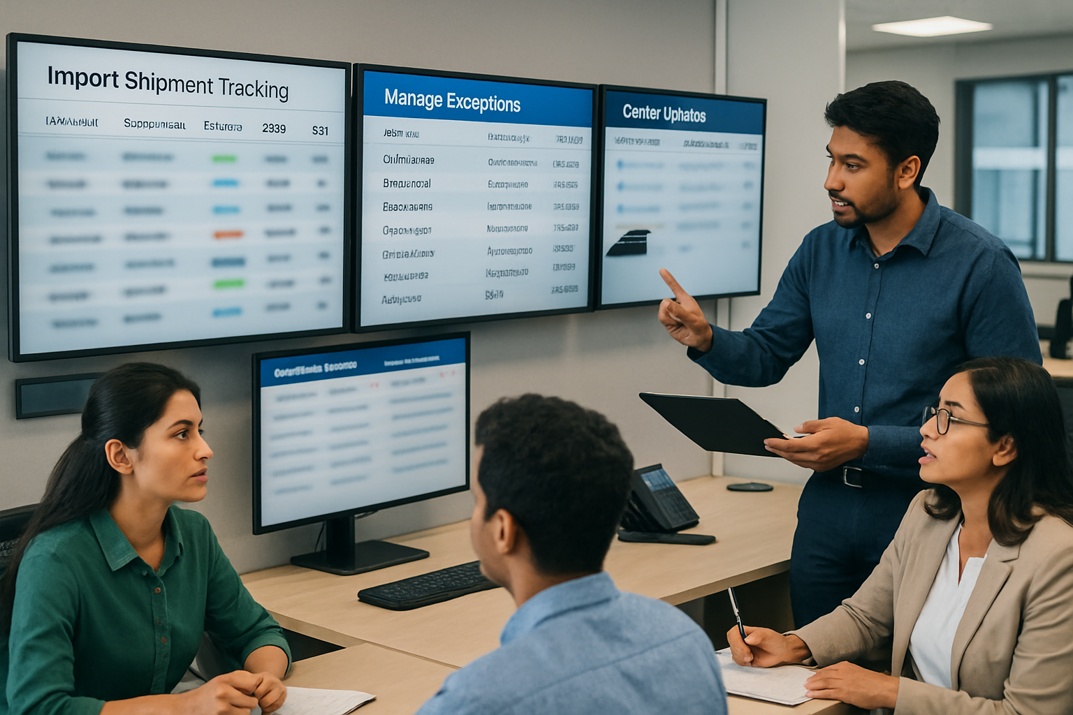 Operations team engaged in centralized shipment milestone tracking and exception management