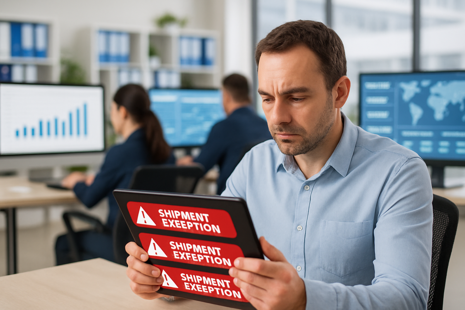 operations manager reviewing automated shipment exception alerts on a tablet in a modern logistics office