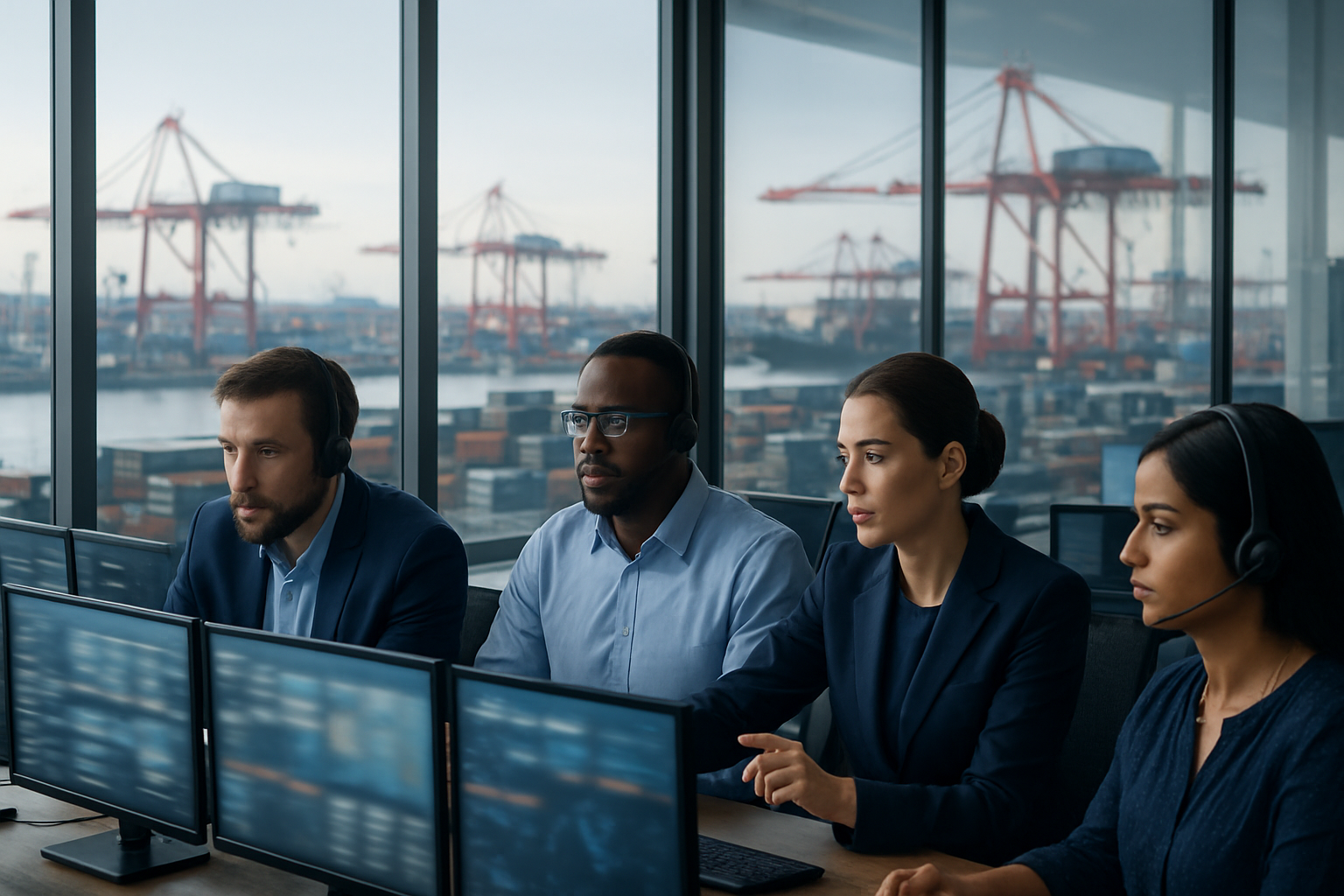 freight operations team reviewing real-time shipment data on multiple screens in control tower environment