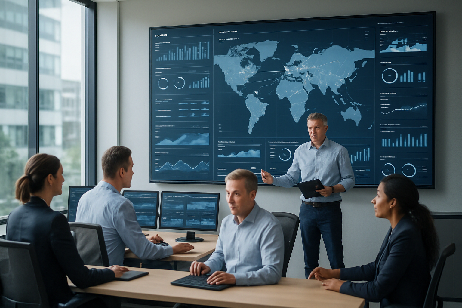 logistics team reviewing a comprehensive logistics dashboard in a modern control room
