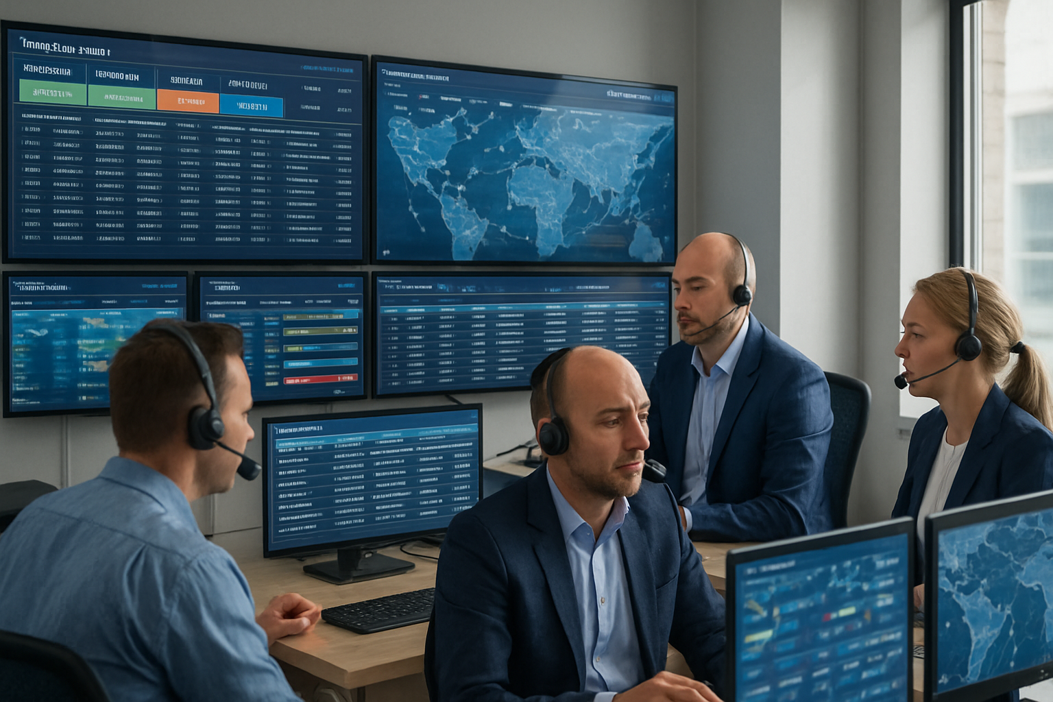 Logistics team monitoring shipment status with digital tracking screens in operations control room