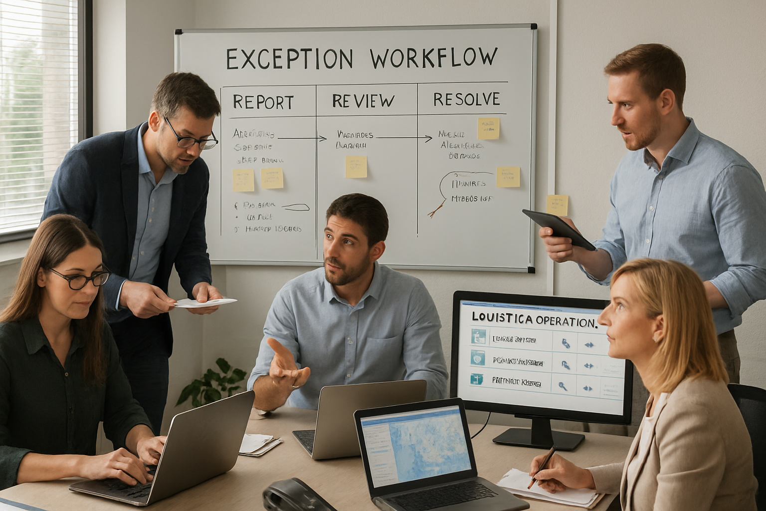 Operations team conducting exception management workflow in a modern logistics office