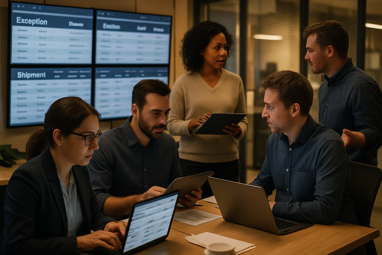 Freight team coordinating exception handling and vendor communication using logistics SaaS in an operational control tower