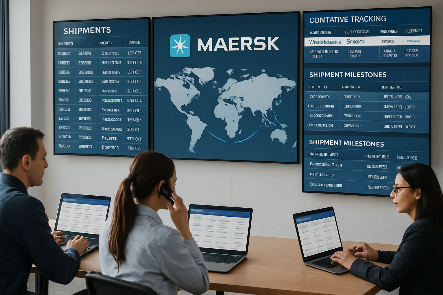Logistics team monitoring Maersk container tracking on multiple digital devices in a control room