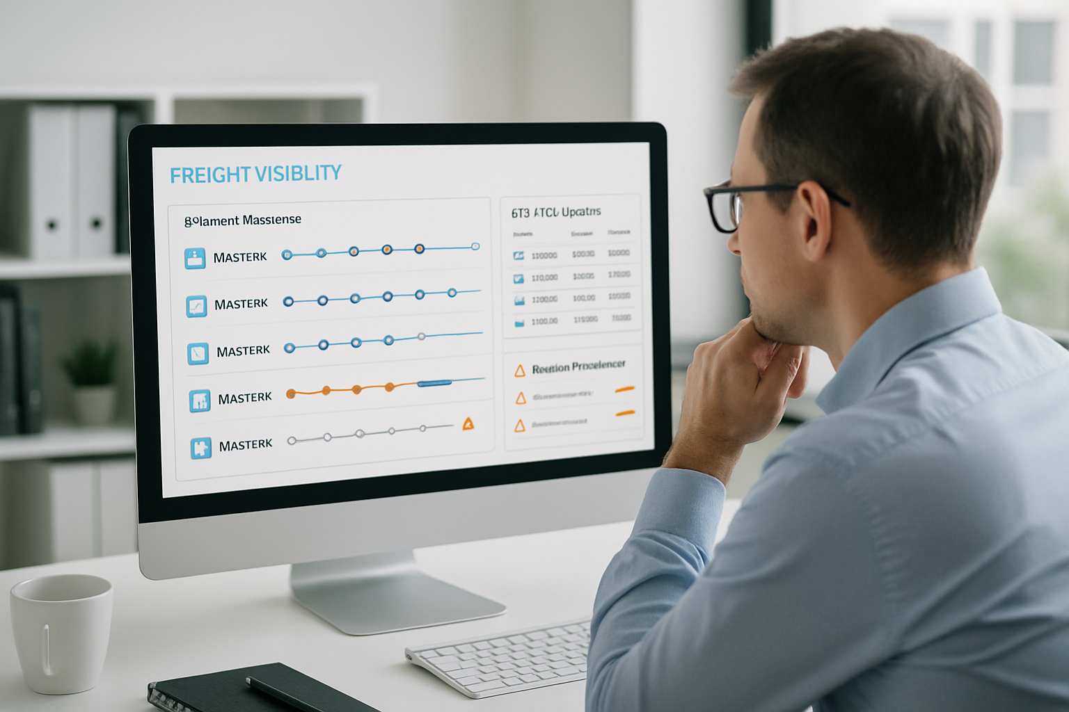 Operations manager analyzing shipment milestone updates and exception alerts for Maersk containers in a freight visibility dashboard