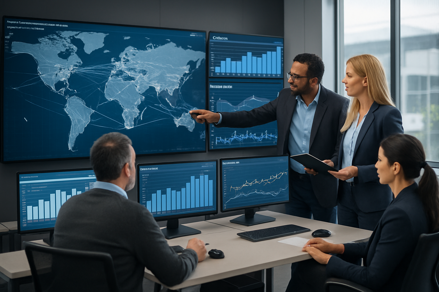 logistics team analyzing ocean and air freight volatility with digital tools in operations center
