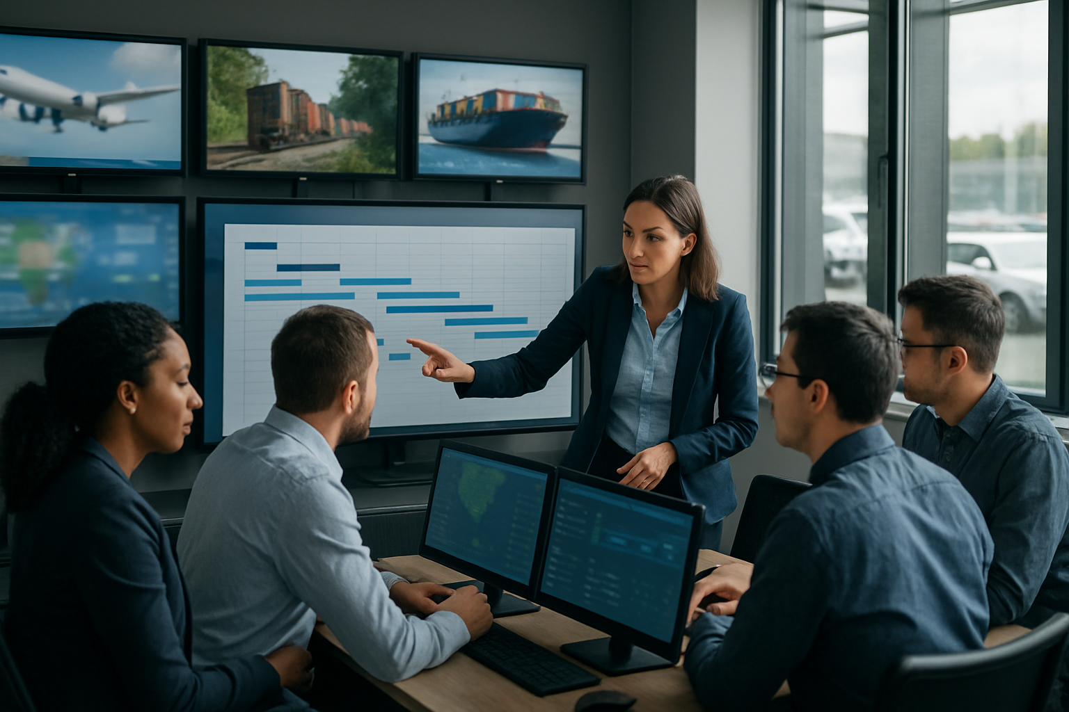 logistics team coordinating multimodal freight execution in control room