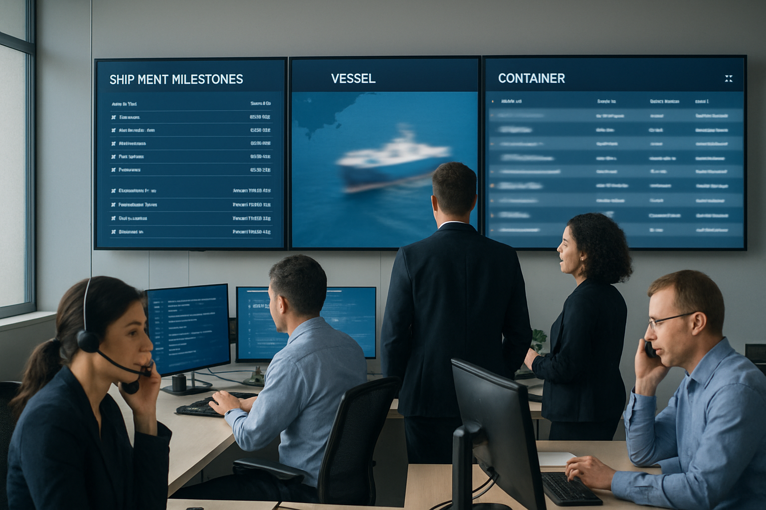 Operations team monitoring ocean freight shipment milestones on multiple screens in a logistics control tower