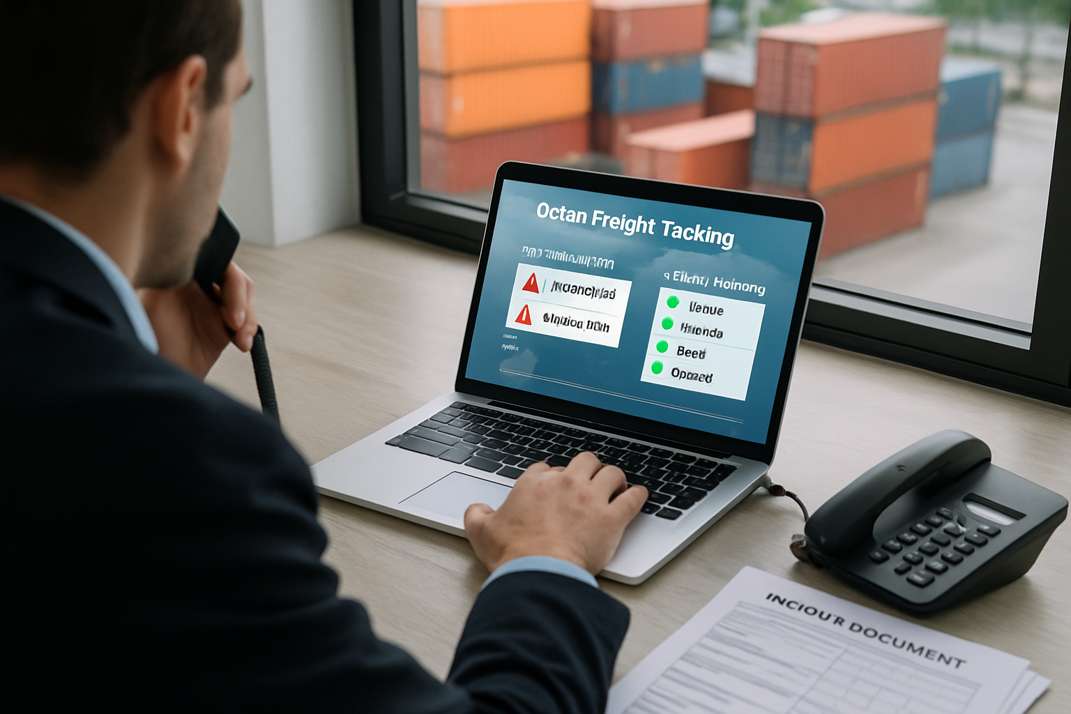 Freight forwarder coordinating exception management using ocean freight tracking software on a laptop