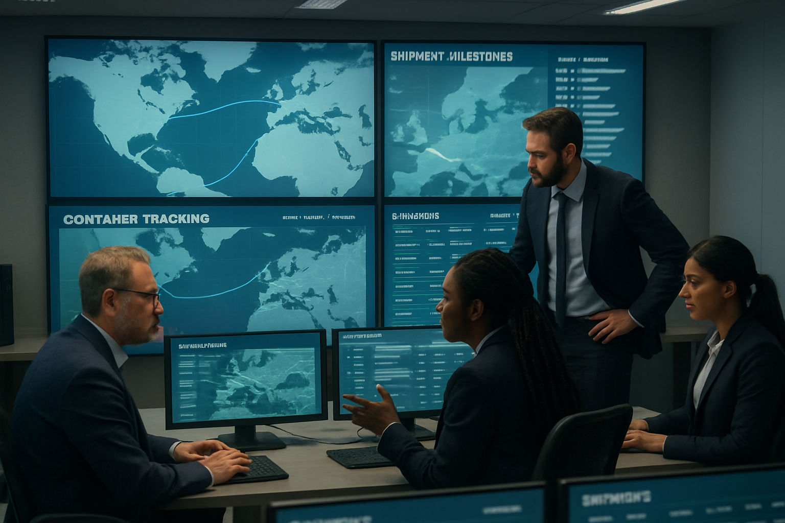 Operations team coordinating container tracking updates on screens in a logistics control room