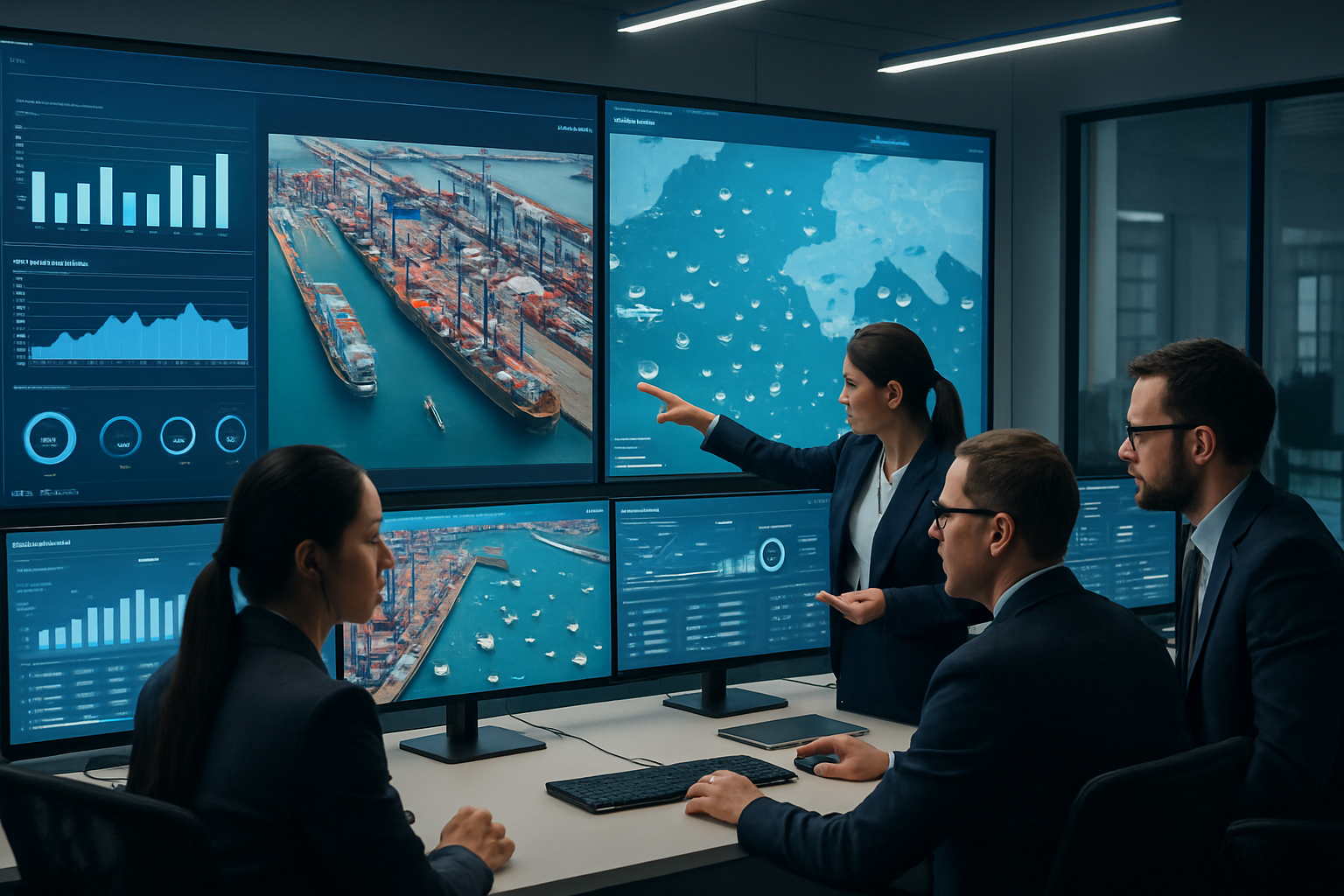 Operations team monitoring port congestion and shipment status on multiple screens
