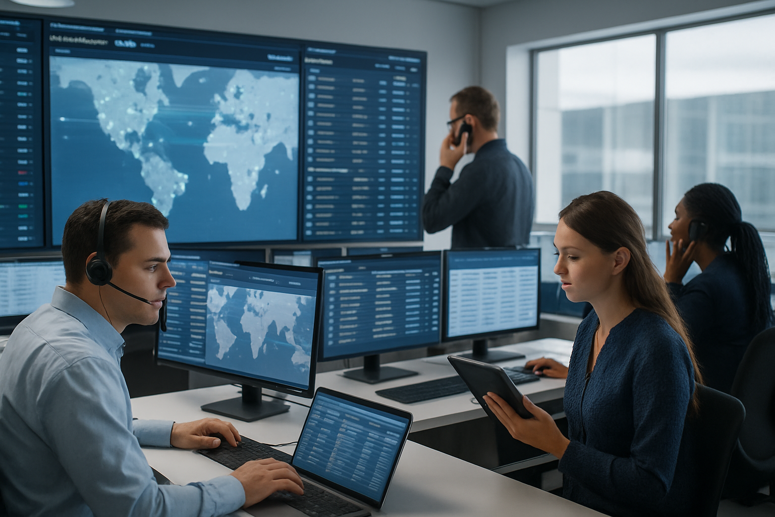 Logistics team analyzing real-time freight tracking data in a control room