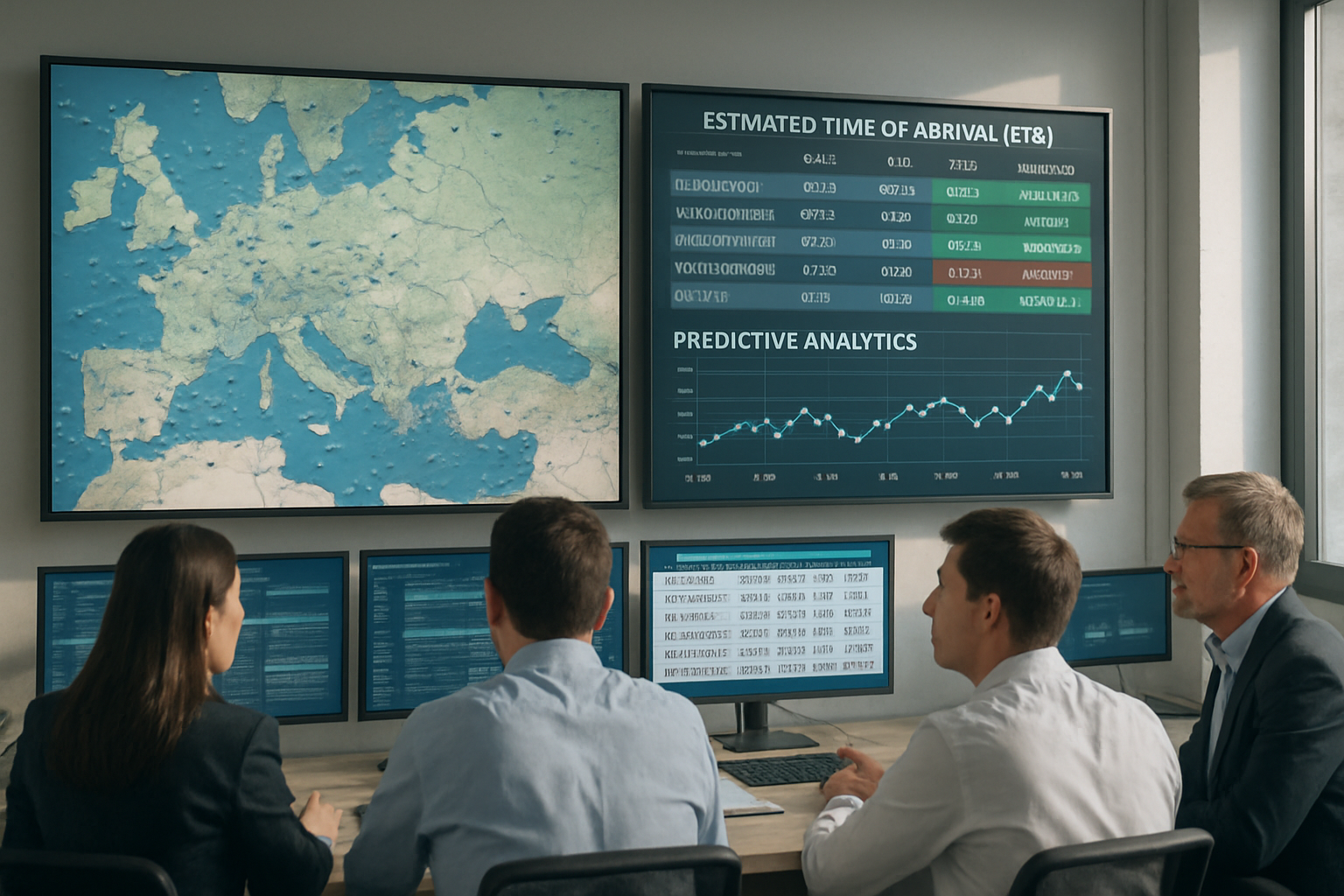 Logistics team monitoring real-time predictive ETA updates on multiple ocean vessels in a control room