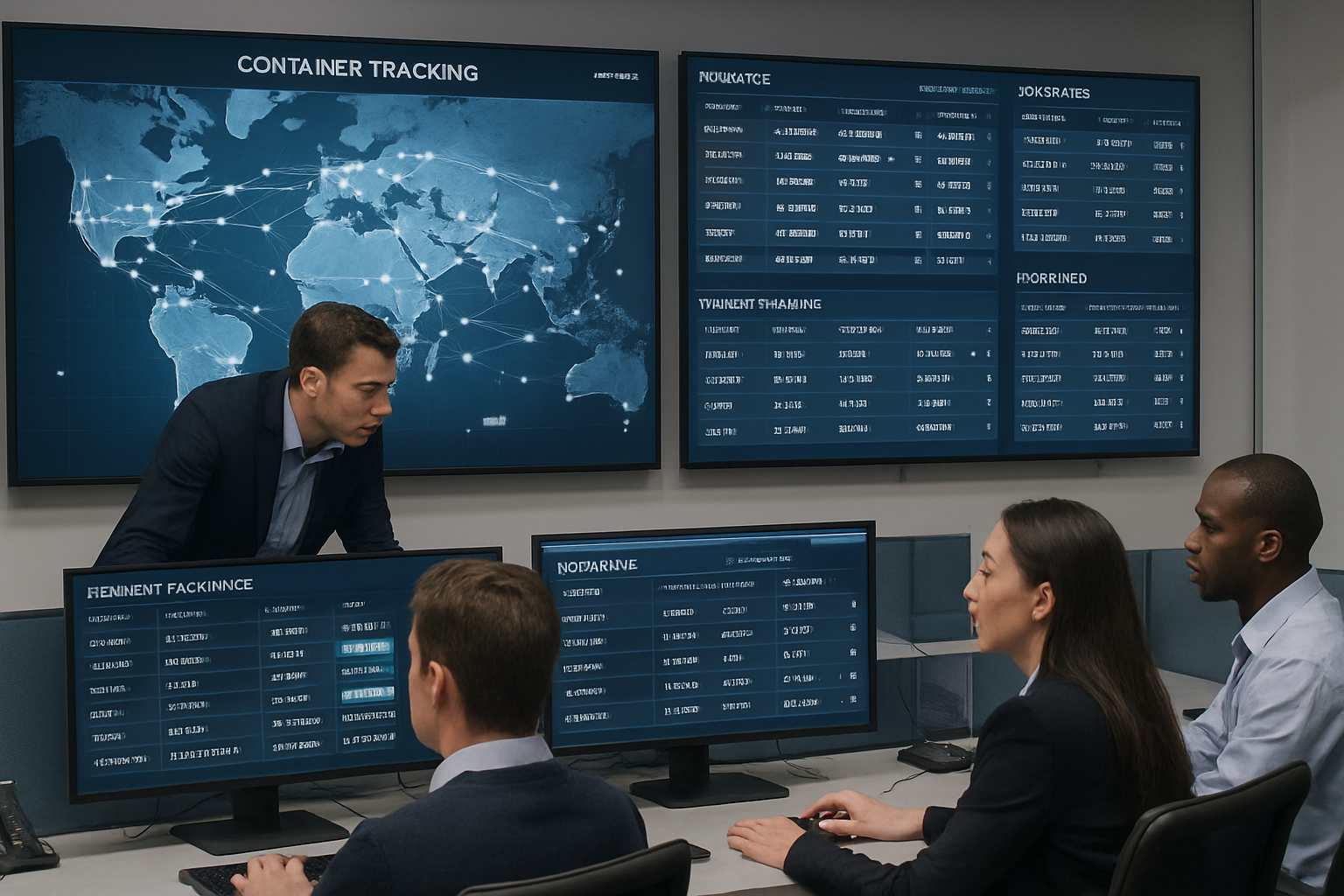 Logistics team monitoring real-time container tracking dashboard with multiple shipment milestones visible