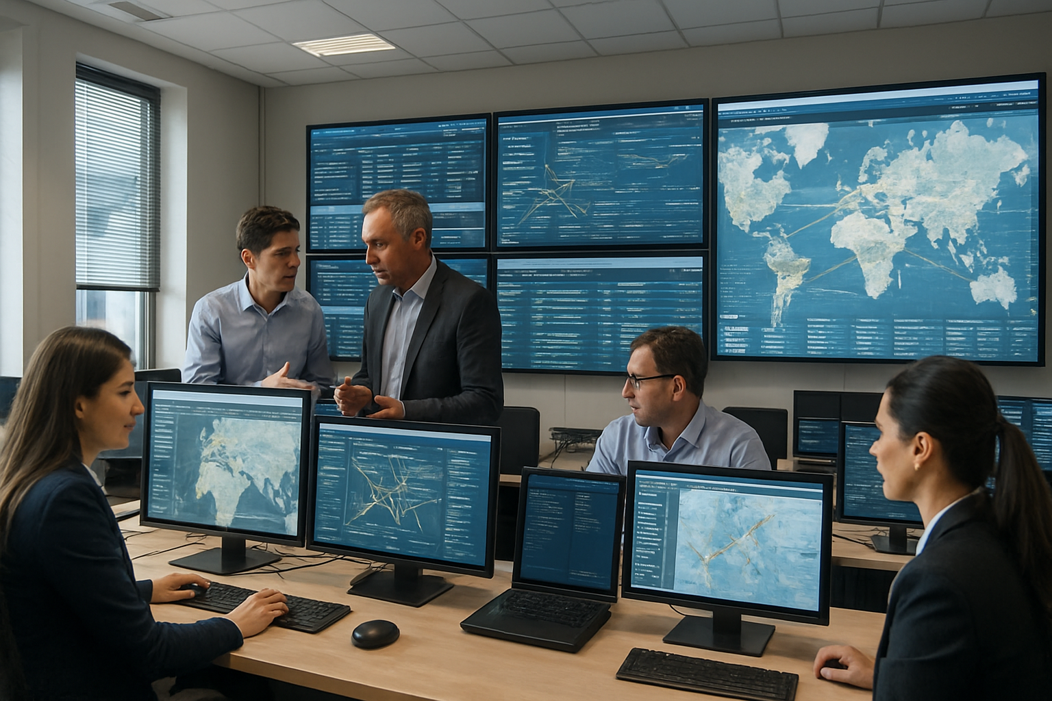 logistics team monitoring real-time shipment tracking data in operations control room