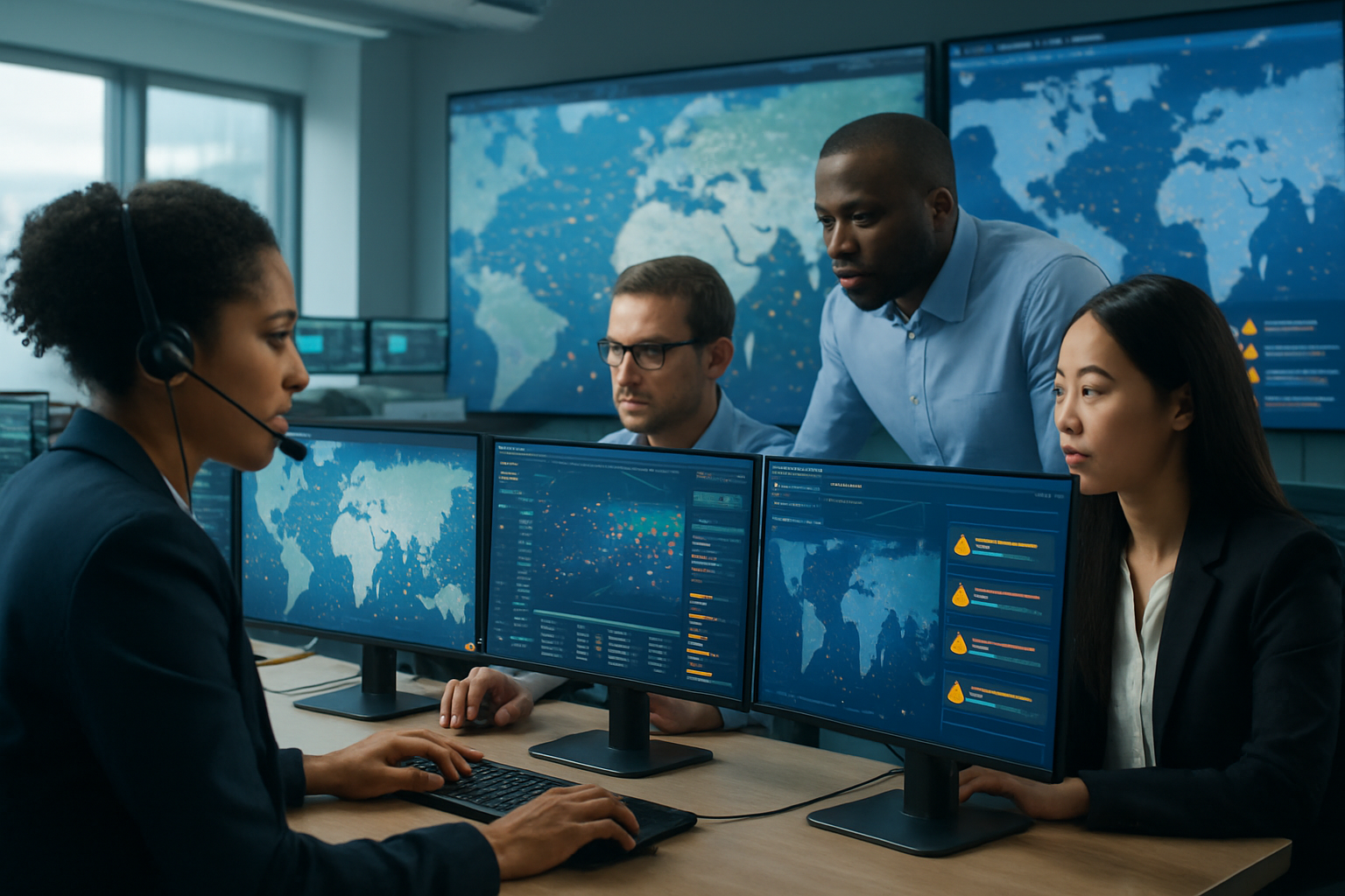 Operations team monitoring ocean freight rollover risk on multiple screens in a logistics control center