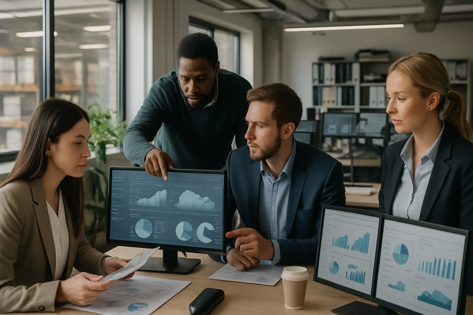 logistics team reviewing carbon emissions data in a modern office