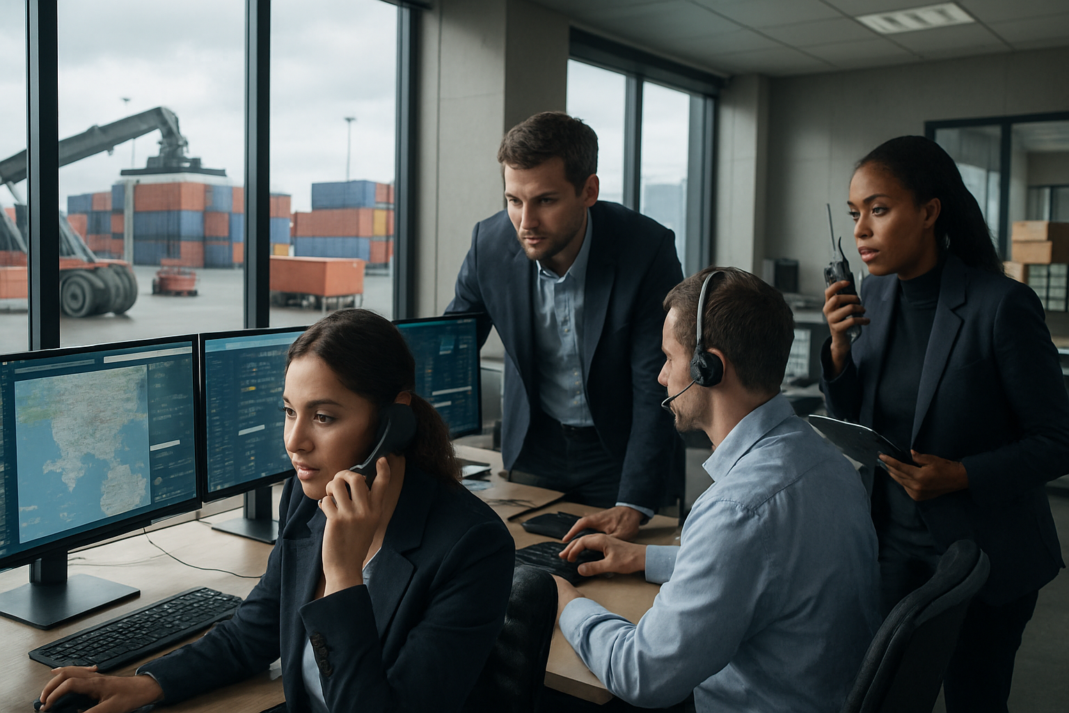 Logistics team coordinating freight operations in a control tower environment