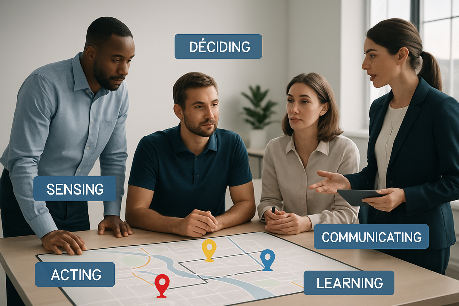 Workflow diagram illustrating the freight control tower framework with sensing, decision-making, acting, communicating, and learning steps