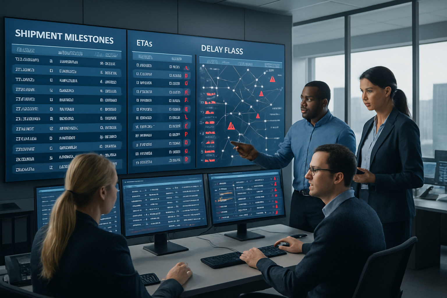 Logistics operations team monitoring shipment delay risks on multiple screens in a control tower