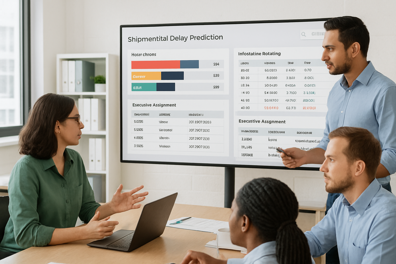 Operations team collaborating around a digital shipment delay prediction dashboard in a logistics office