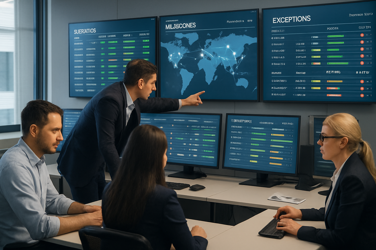 Operations team monitoring shipment tracking portal dashboard with real-time updates