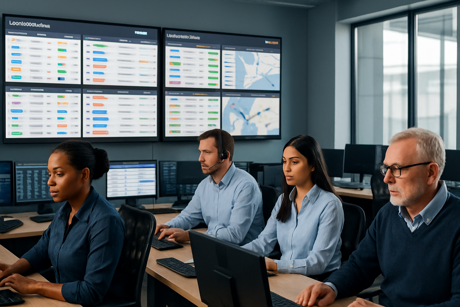 Operations team monitoring multi-carrier shipment tracking dashboard in a logistics control room