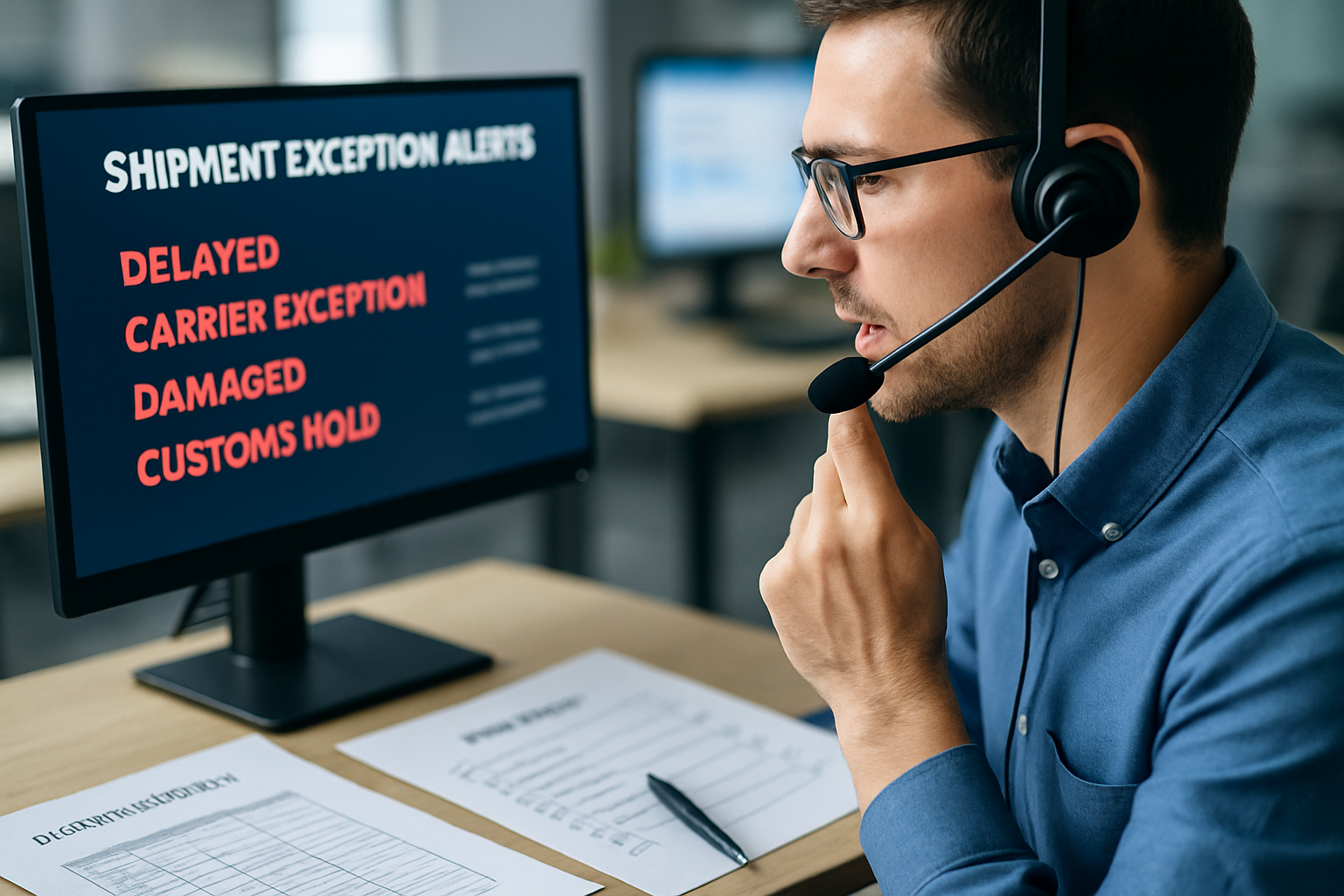 Logistics coordinator handling shipment exception alerts and coordinating carrier communication