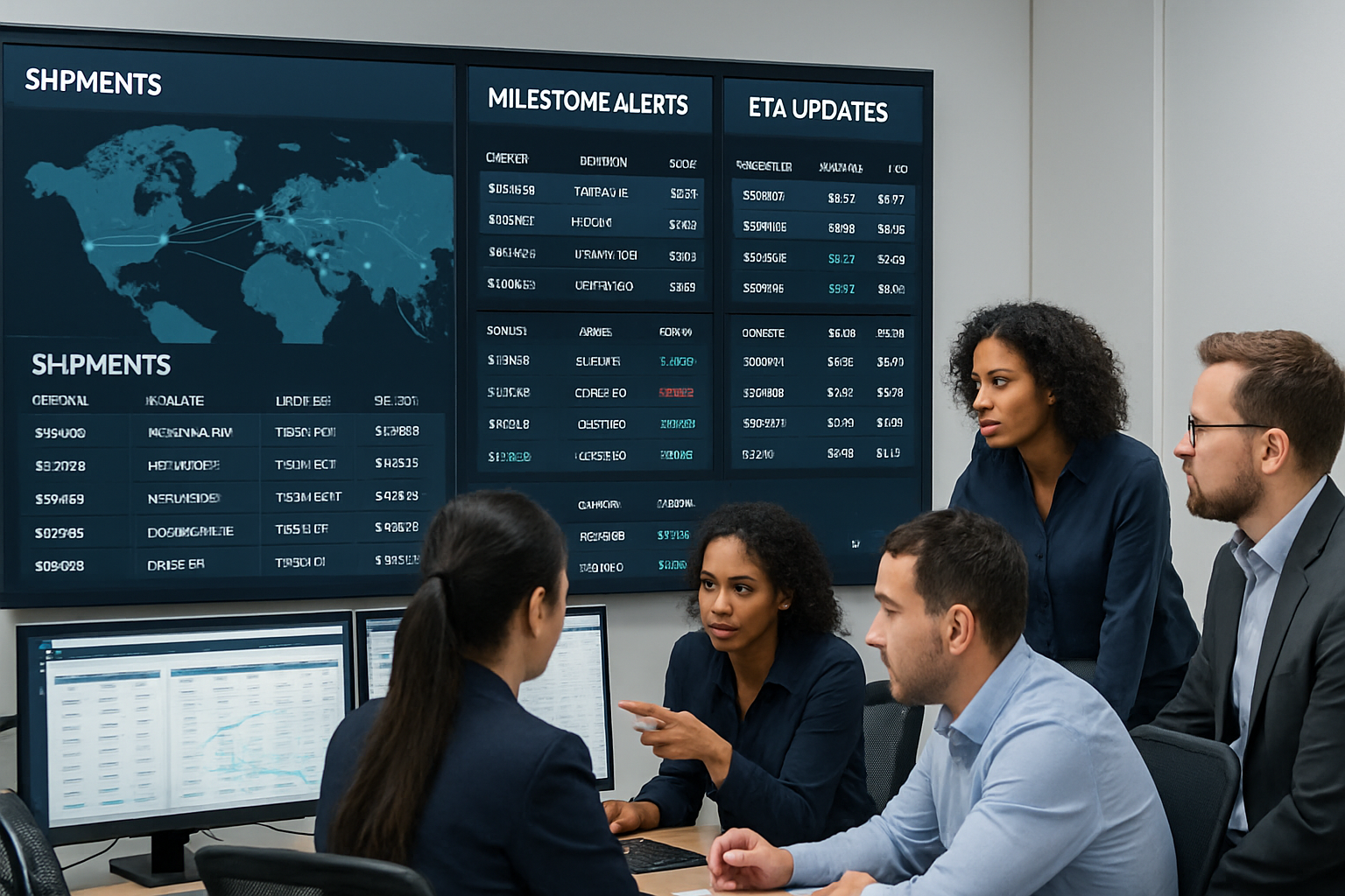 Operations team monitoring shipment visibility platform dashboard showing real-time tracking and milestone updates