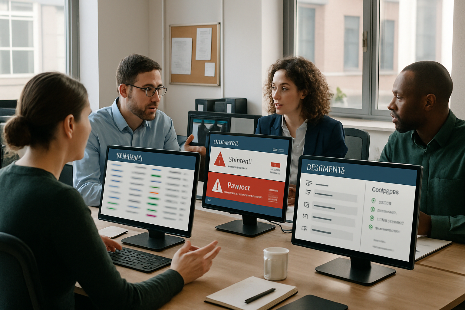 Logistics professionals coordinating shipment exceptions and customer updates using interconnected software systems
