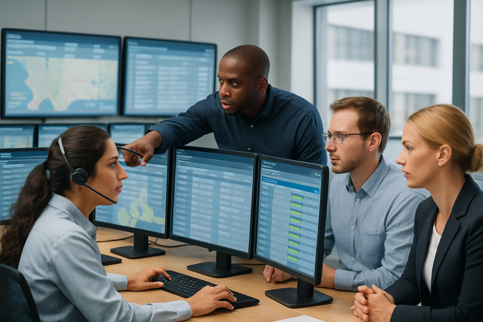 Freight operations team reviewing actionable shipment updates in a modern logistics office