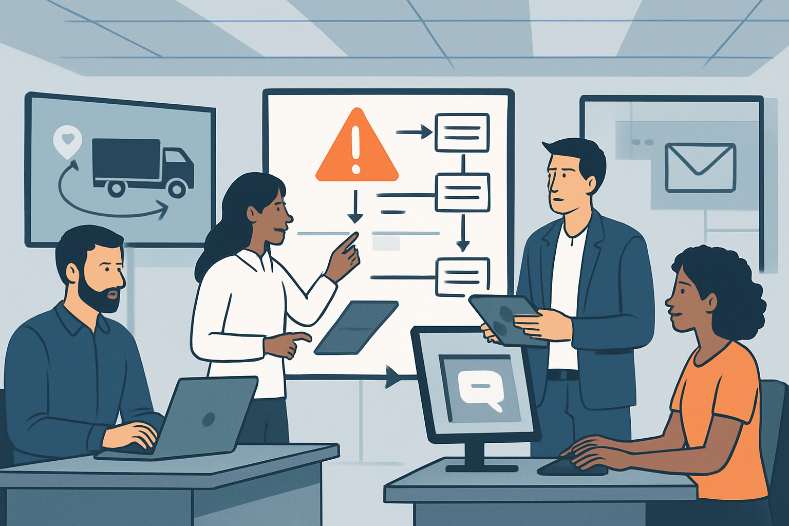 Workflow illustration of decision-ready shipment updates driving operational shipment tracking and communication