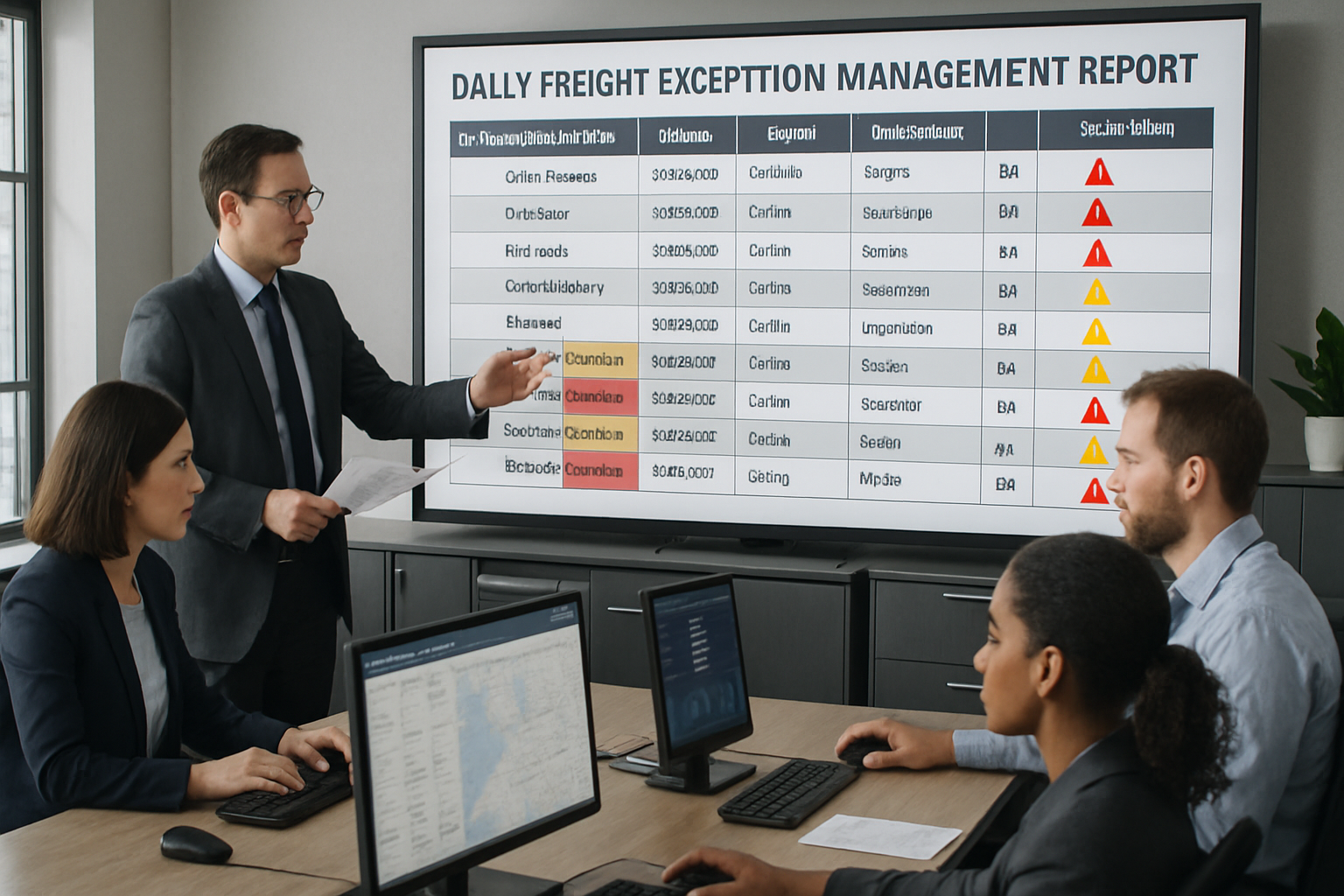 Logistics team reviewing daily freight exception management report on large digital screen