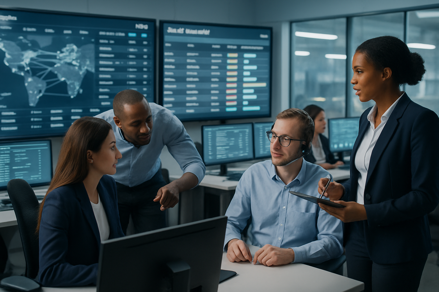 Logistics operations team reviewing freight management software on multiple screens in a control room