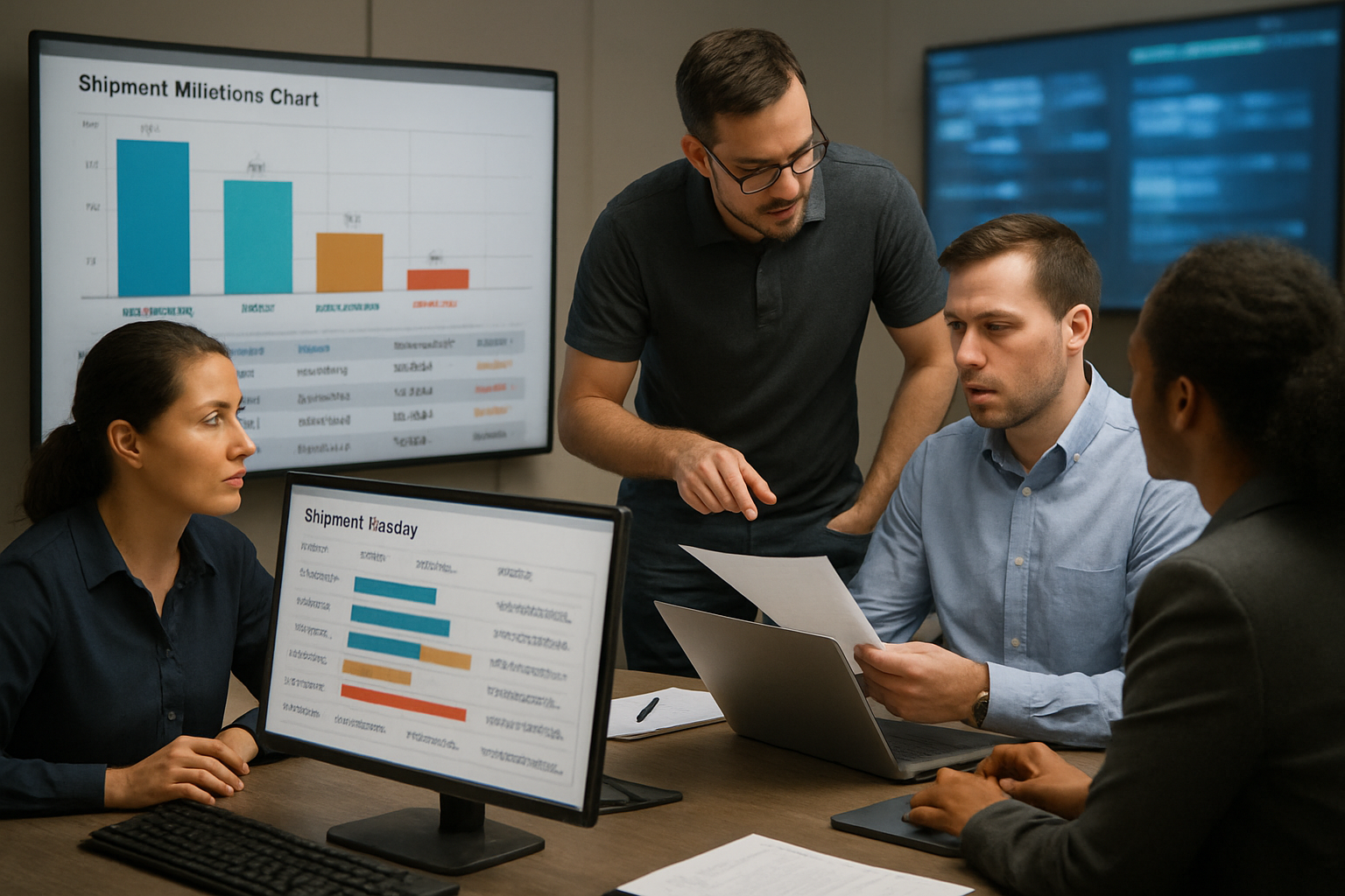 Operations team managing exception handling workflow with shipment milestone charts and communication